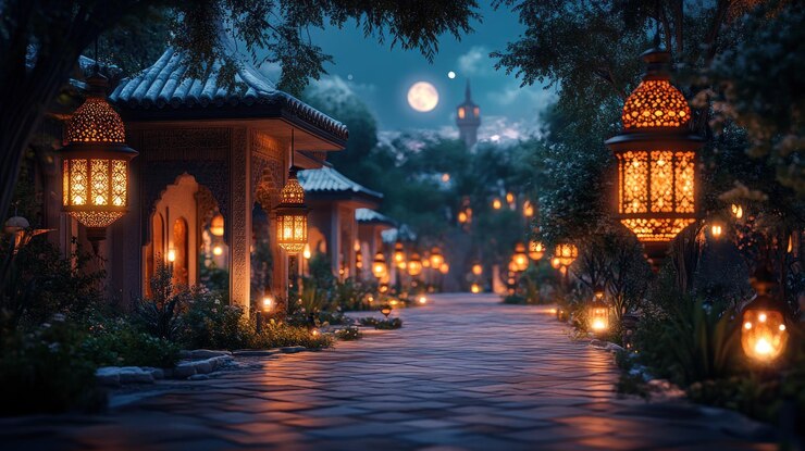 Camino nocturno místico con linternas ornamentadas y arquitectura