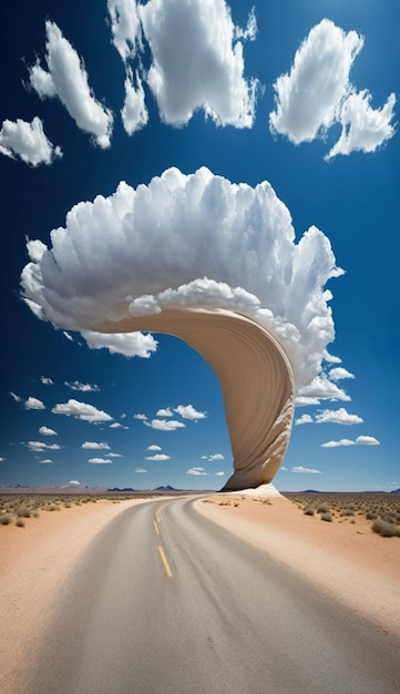 Un camino con una nube en forma de tornado.