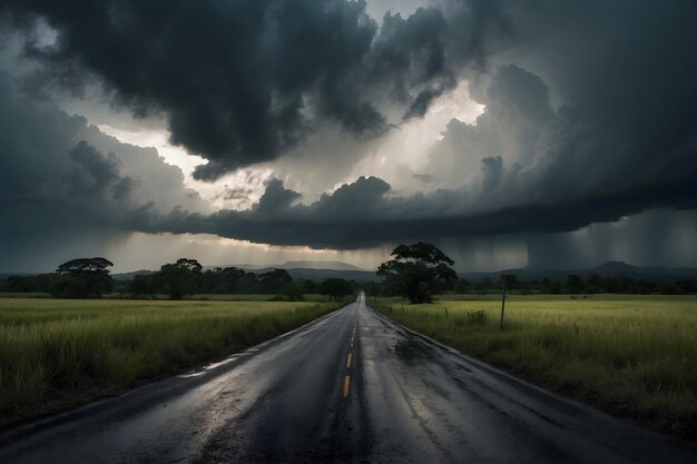 Un camino con nubes de lluvia en el fondo