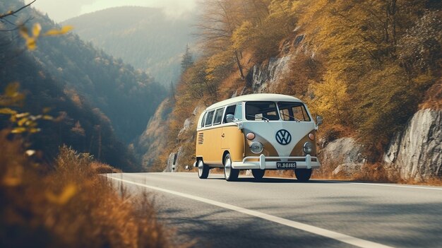 En el camino de nuevo coche camper vintage estacionado en un sinuoso camino del bosque de montaña