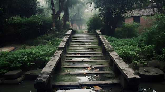 Un camino o escaleras hacia el pueblo superior un banco para sentarse y la naturaleza verde arbustos y árboles silvestres a la derecha o a la izquierda