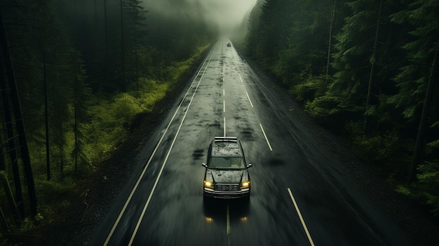 camino oscuro y brumoso con automóviles circulando por medios mixtos forestales