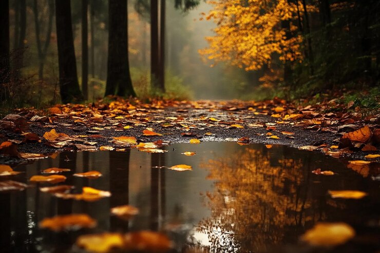 Camino de otoño cubierto de hojas caídas y reflejos de agua de lluvia en el bosque IA generativa
