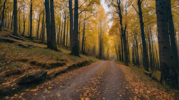 Un camino pacífico en el bosque con colores de otoño.