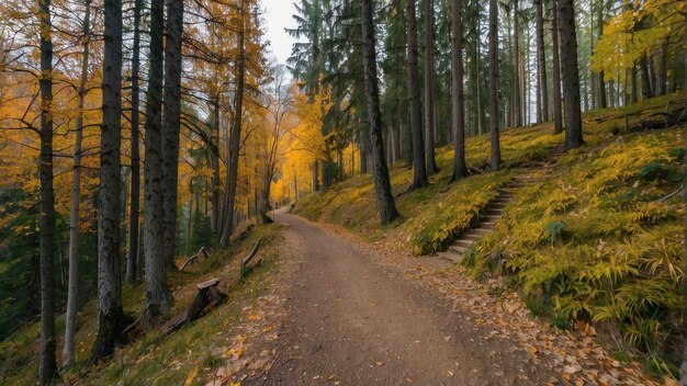 Un camino pacífico en el bosque con colores de otoño.