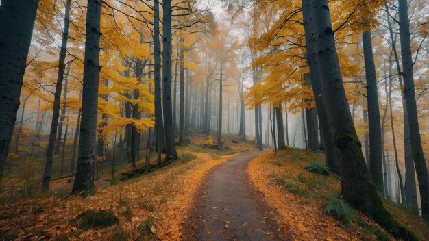 Un camino pacífico en el bosque con colores de otoño.