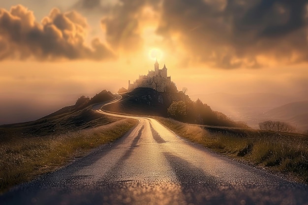 Un camino a un paisaje de fantasía con un castillo en una colina