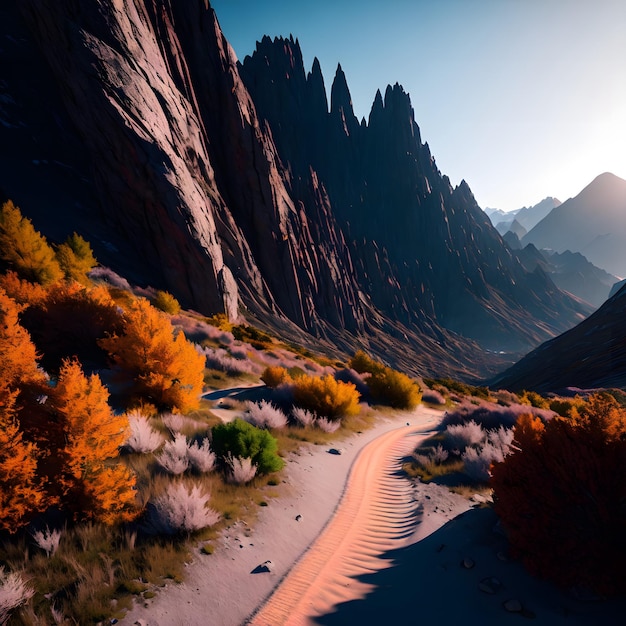 Un camino en un paisaje de montaña con una montaña al fondo.