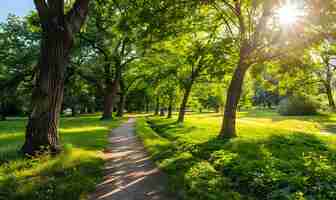 Foto un camino en un parque con árboles y un sol brillando a través de ellos