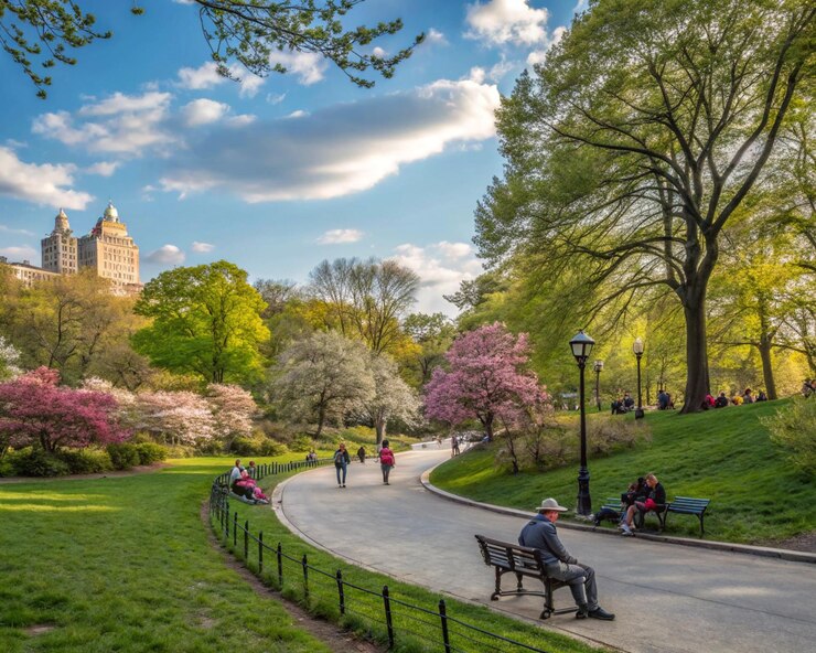 Camino en el parque verde de la ciudad en un día de primavera