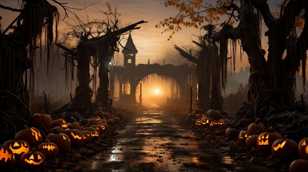 Foto un camino pavimentado con calabazas talladas y árboles en la niebla generativa ai