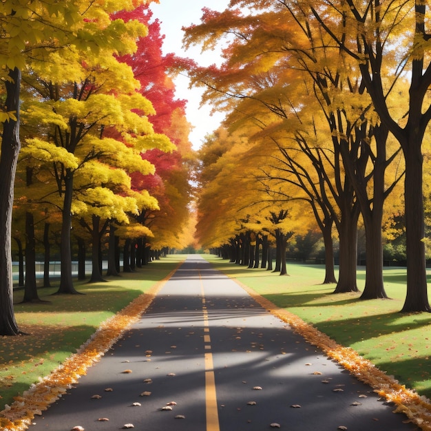 Camino pavimentado rodeado de bosque en otoño