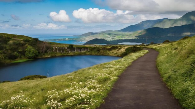 Foto camino a pie con vistas a los lagos de sete cidades, isla de las azores, portugal