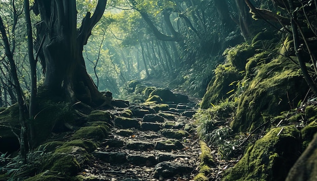 un camino de piedra en un bosque