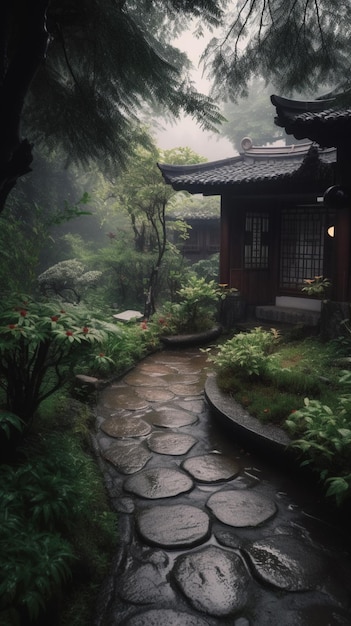 Un camino de piedra conduce a un pequeño jardín con un árbol al fondo.