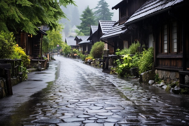 Un camino de piedra después de la lluvia y un pueblo de montaña en la primavera