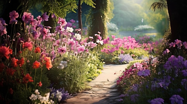 camino de piedra en un jardín de flores