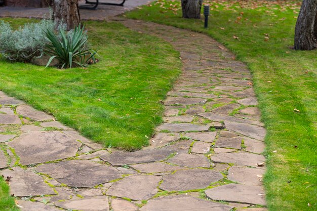 Camino de piedra natural en el diseño del paisaje en el parque.