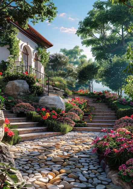 Foto camino de piedra a través de un jardín exuberante con una casa en el fondo