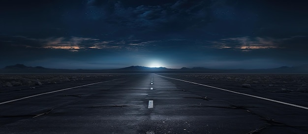 Un camino poco iluminado hecho de pavimento sólido con una apariencia oscura que se asemeja a una pista de aterrizaje. Se extiende