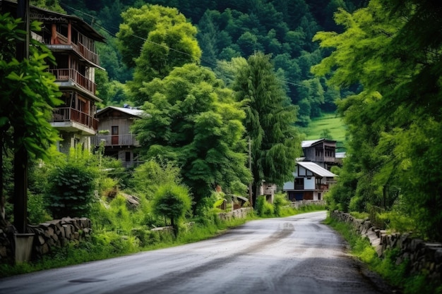 Un camino de pueblo de montaña que conduce al bosque