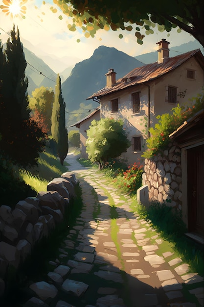 camino de pueblo de pintura acuarela con hermosas casas, arte de pintura