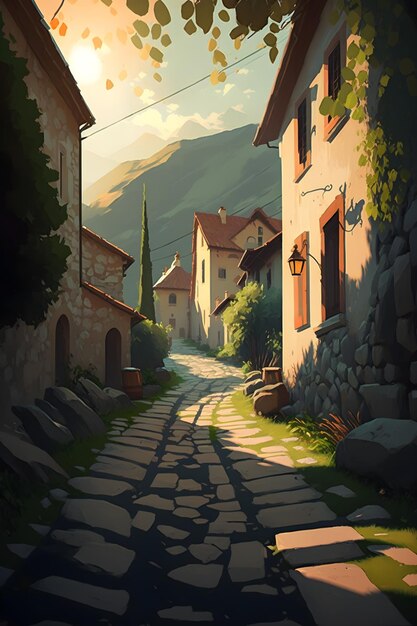 camino de pueblo de pintura acuarela con hermosas casas, arte de pintura