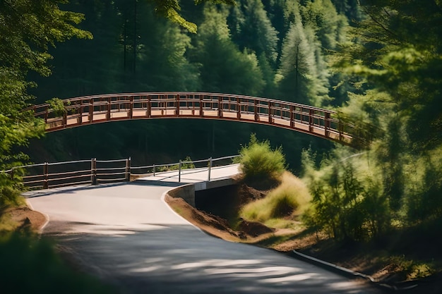 Un camino con un puente rojo en el bosque