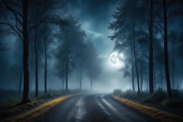 Un camino que atraviesa el bosque contra la luna llena