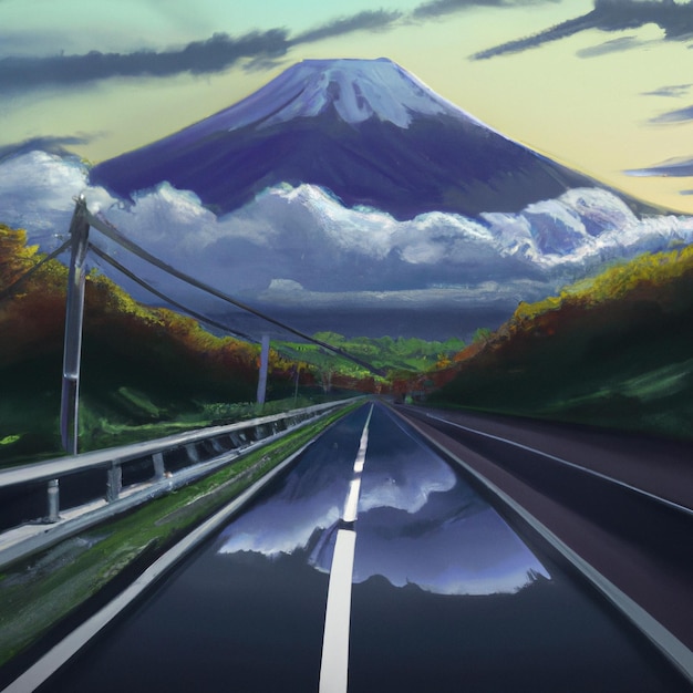 Un camino que conduce al monte Fujiyama muy atrás en las nubes, arte digital