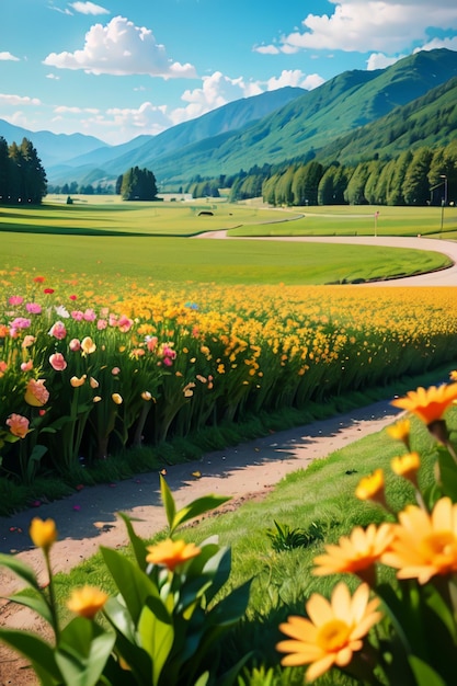 Un camino que conduce a un campo de flores.