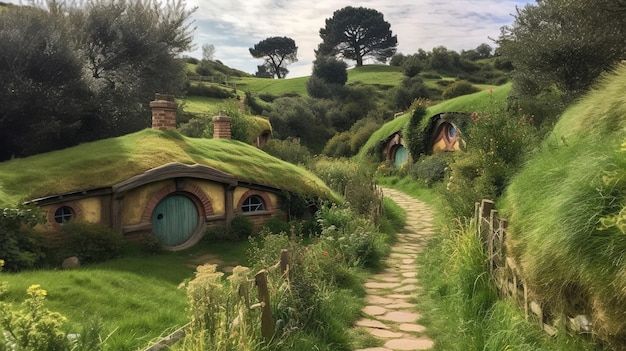 Foto un camino que conduce a las casas hobbit en nueva zelanda