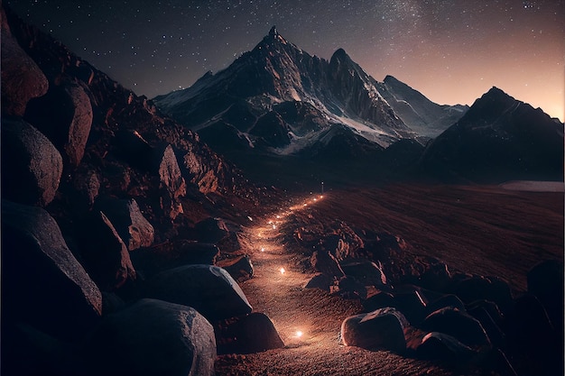 El camino que conduce a la cima de la montaña bajo el cielo estrellado IA generativa