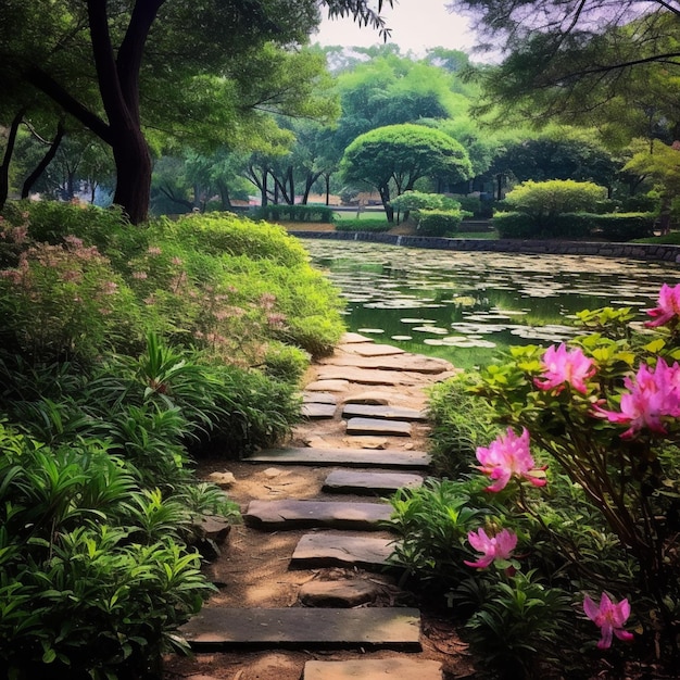 Un camino que conduce a un estanque con flores rosas.