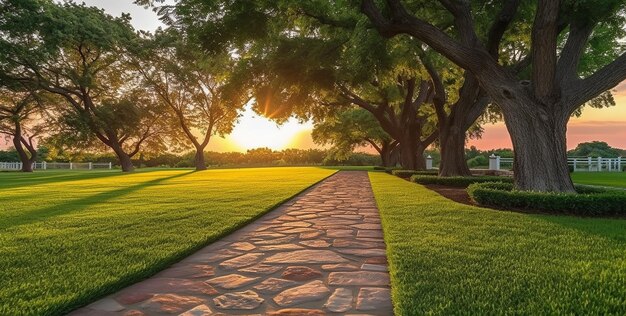 un camino que conduce a un jardín con árboles en el fondo