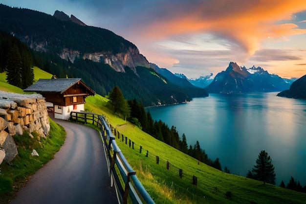 Un camino que conduce a un lago de montaña con una montaña al fondo