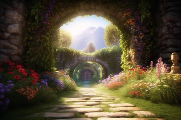 Un camino que conduce a un túnel con flores y un camino que conduce a él.