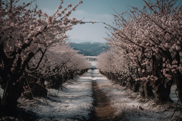 Un camino que conduce a un túnel de flores de cerezo