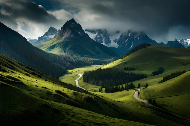 Un camino que conduce a un valle de montaña con un camino que conduce a las montañas.