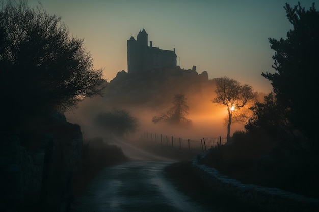 Un camino que lleva a un castillo en la niebla