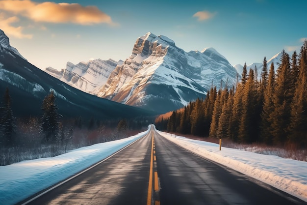 Un camino que lleva a una montaña nevada con un cielo azul y nubes en el fondo