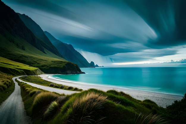 Foto un camino que lleva a una playa con un cielo nublado