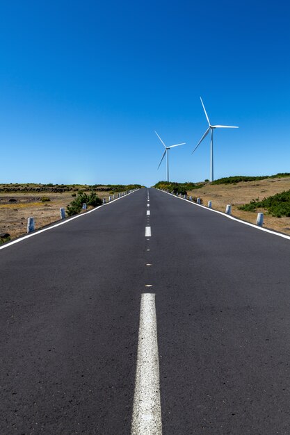 Un camino recto con dos turbinas eólicas sobre el área con un cielo azul