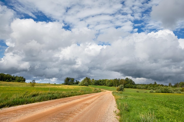 Camino de ripio a través del campo en Estonia Día lluvioso en verano bajo un cielo dramático con nubes