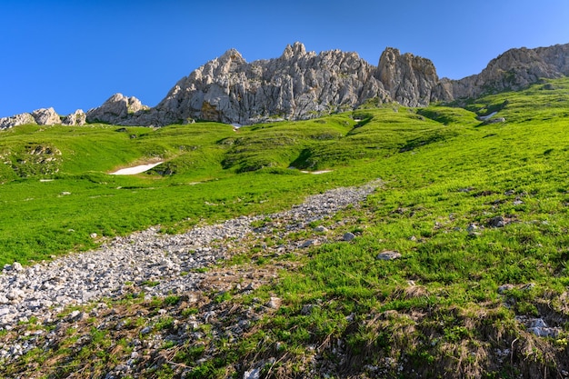 El camino rocoso del campo en las montañas tropicales