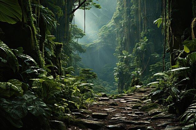 un camino rocoso en una selva con árboles y plantas