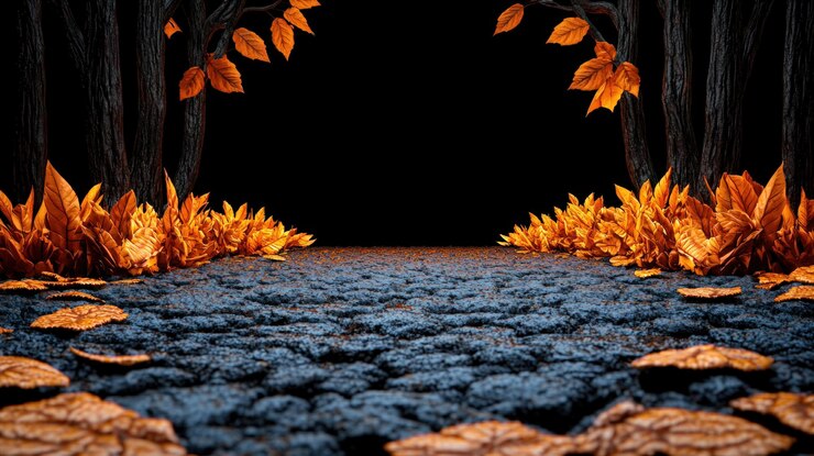 Camino rodeado de hojas de otoño y árboles oscuros sobre un fondo negro