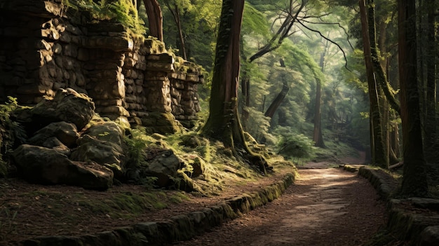 El camino romano conduce a un antiguo templo escondido en un bosque místico.