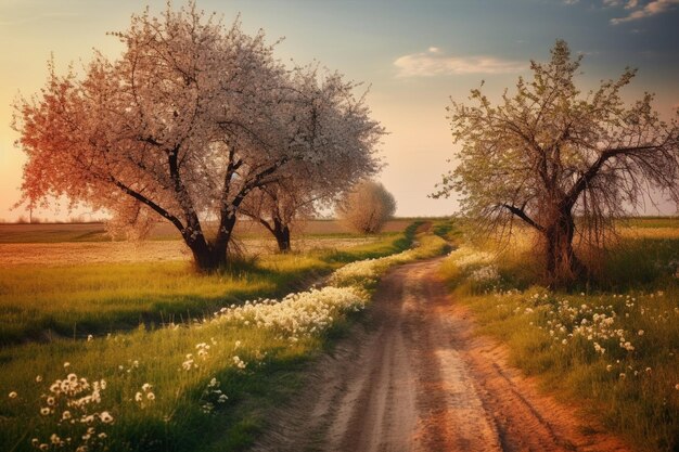 Un camino rural con un árbol y flores.