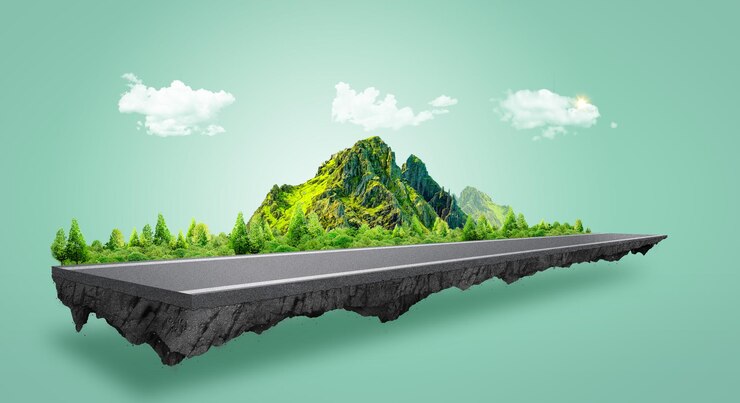 camino rural y árboles verdes en verano. Ilustración 3d de un pedazo de tierra verde aislado,